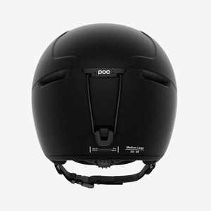 Back view of a black POC ski helmet with goggle clip and size label