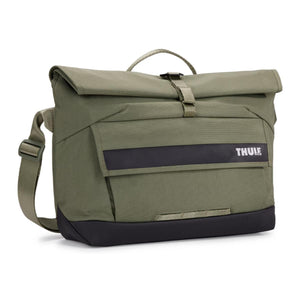 Olive green Thule rolltop messenger bag with black base and Thule logo