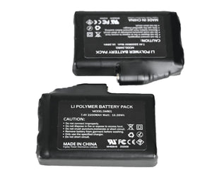 Two black rectangular lithium polymer battery packs with technical specifications and caution labels