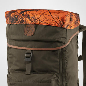 FjallRaven olive green backpack with orange camouflage top flap and leather logo patch