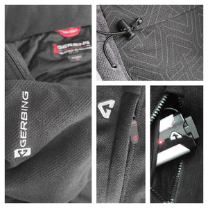 Gerbing heated jacket details showing fabric texture, branding, drawstrings, and battery pocket