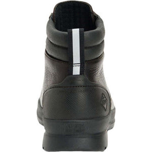 Rear view of a brown Muck Boot waterproof ankle boot with a black rubber heel and white pull tab