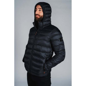 Man wearing a black 8K FlexWarm hooded puffer jacket