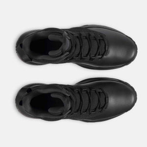 Top view of a pair of black tactical boots with laces
