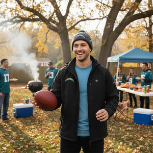 Man wearing ActionHeat Los Angeles Chargers jacket and beanie holding a football at a tailgate party