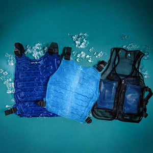 AlphaCool cooling vests in blue and black with ice cubes on a teal background