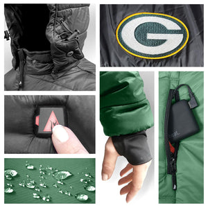 Green Bay Packers heated jacket features including hood, team logo, power button, thumbhole cuff, and battery pack