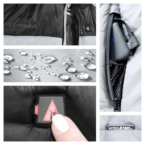 ActionHeat jacket features including battery pack, water resistant fabric, and power button