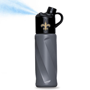 AlphaCool grey water bottle with black misting cap and New Orleans Saints logo