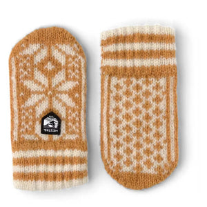 Hestra wool mittens with a tan and cream geometric snowflake pattern