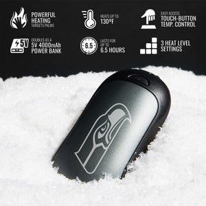ActionHeat hand warmer with Seattle Seahawks logo on snow with feature icons