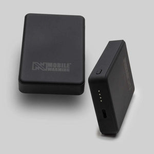 Two black Mobile Warming portable power banks with LED indicator lights