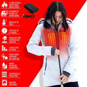ActionHeat white heated jacket with power bank and feature list icons