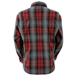 Back view of a red and grey plaid flannel shirt