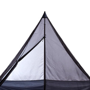 Close up of the interior peak of a pyramid shaped camping tent showing mesh panels and a central support pole