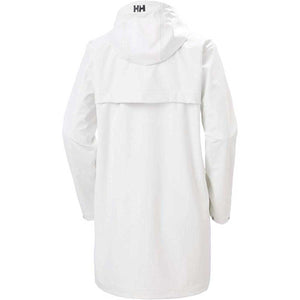Back view of a white Helly Hansen hooded rain jacket