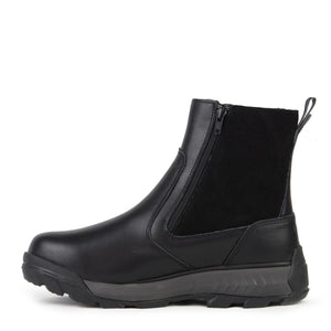 Black leather ankle boot with side zipper and textured rubber sole