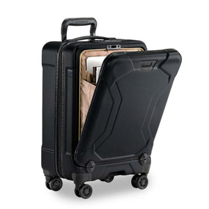 Briggs and Riley black carry on suitcase with open front laptop compartment