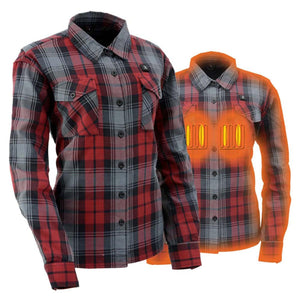 Women red and grey plaid flannel shirt with integrated heating elements