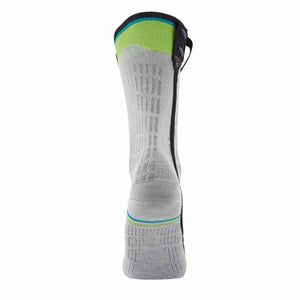 Sidas grey knee high heated sock with green cuff and side battery snap connectors
