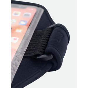 Close up of black neoprene smartphone armband with clear plastic screen cover and adjustable strap
