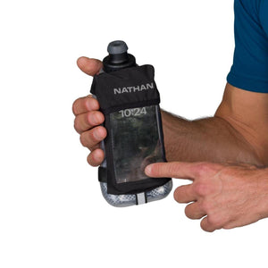 Nathan handheld water bottle with integrated smartphone pouch