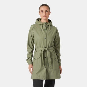 Helly Hansen olive green hooded raincoat with a tie waist and front pockets