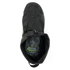 Neos black overshoe viewed from above showing the interior insole and adjustable strap