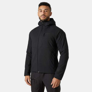 Man wearing a black Helly Hansen hooded insulated jacket