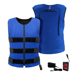 Gerbing blue heated vest with front and back views plus battery pack and charger