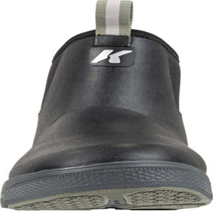 Korkers black slip on shoe with grey sole and pull tab