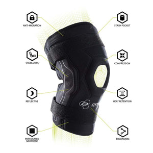 DonJoy knee brace with labels highlighting features including stabilizers, compression, and perforated neoprene