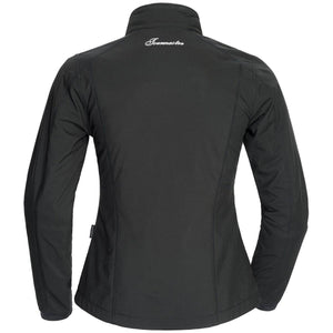Back view of a black Tourmaster motorcycle jacket with white logo on the collar