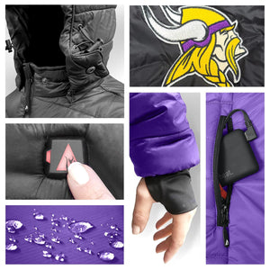 ActionHeat jacket details showing hood Minnesota Vikings logo power button water resistant fabric and battery pack