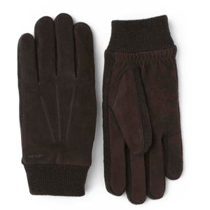 Hestra brown suede gloves with ribbed knit cuffs