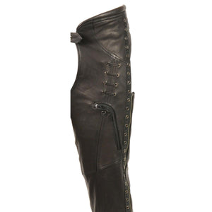 Milwaukee Leather black leather motorcycle chaps with side lacing and zipper pocket