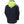 Back view of a navy Helly Hansen sailing jacket with a high visibility yellow hood and HH logo