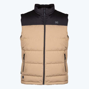 Mobile Warming tan and black puffer vest with front zipper and side pockets