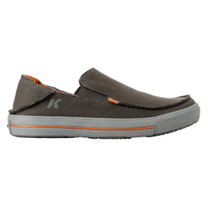 Korkers grey canvas slip on shoe with orange accents