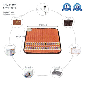 HealthyLine TAO Mat Small 1818 components including LED controller, warranty card, carrying case, and accessories