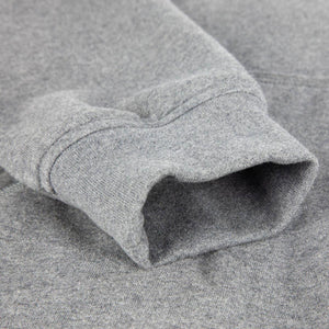 Close up of grey heathered cotton sweatshirt sleeve cuff