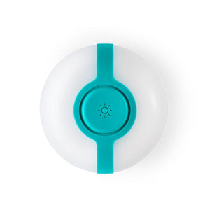 BioLite white circular lantern with a teal silicone strap and power button
