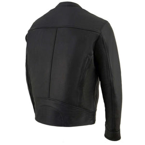 Back view of a black leather motorcycle jacket with stitched panel detailing