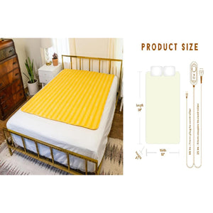 Shield Life yellow striped heating mat on a bed with product size dimensions diagram