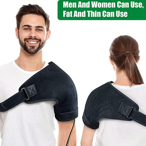 Man and woman wearing black adjustable shoulder heating pads