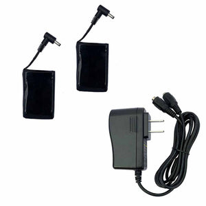 Two black battery packs with cables and a dual output wall power adapter