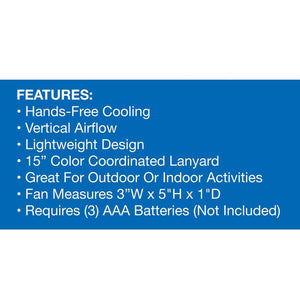 AlphaCool portable fan features list including hands free cooling vertical airflow and dimensions