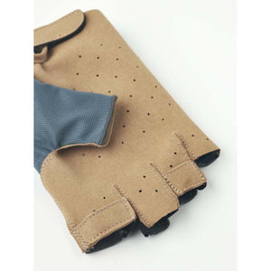 Hestra fingerless cycling gloves with tan leather and blue mesh fabric