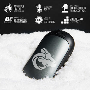 ActionHeat hand warmer features including 130 degree heating 4000mAh power bank and 3 heat settings on snow