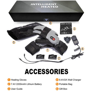 Intelligent heated gloves set including batteries, charger, user guide, storage bag, and gift box
